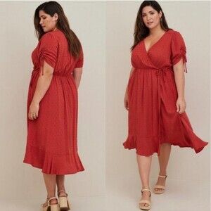 Torrid Midi Swiss Linen Surplice Dress Tandoori Spice Plus Size casual